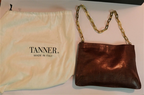Tanner Made In Italy - Brown Snake Print Leather Hand Bag with Gold Chain Strap - with Dust Cover