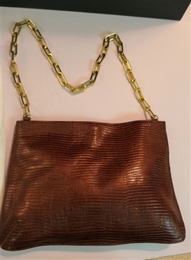 Tanner Made In Italy - Brown Snake Print Leather Hand Bag with Gold Chain Strap - with Dust Cover