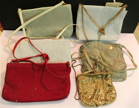 6 - Whiting and Davis Mesh Purses - Gold Mini Evening Bag, Red and White Bags - New with Tags, 2 Off White and 1 Taupe - Taupe Purse Has Some Damage to Mesh 