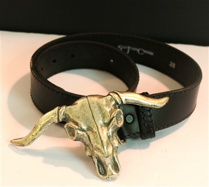 Italina Pewter Longhorn Skull Belt Buckle with San Juan Creek Leather Belt - Belt Size 28 - Buckle Made in Italy 