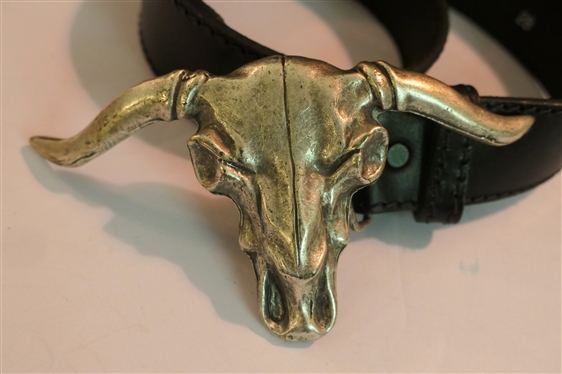 Italina Pewter Longhorn Skull Belt Buckle with San Juan Creek Leather Belt - Belt Size 28 - Buckle Made in Italy 