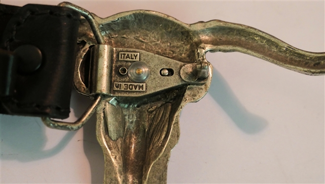 Italina Pewter Longhorn Skull Belt Buckle with San Juan Creek Leather Belt - Belt Size 28 - Buckle Made in Italy 