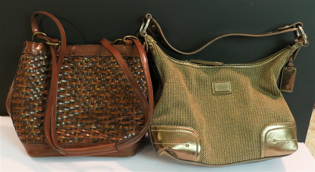 The Sak - Antique Gold Colored Purse with Leather Trim and Strap and Brown Woven Purse