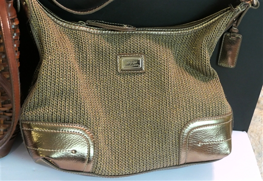 The Sak - Antique Gold Colored Purse with Leather Trim and Strap and Brown Woven Purse