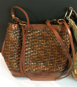 The Sak - Antique Gold Colored Purse with Leather Trim and Strap and Brown Woven Purse