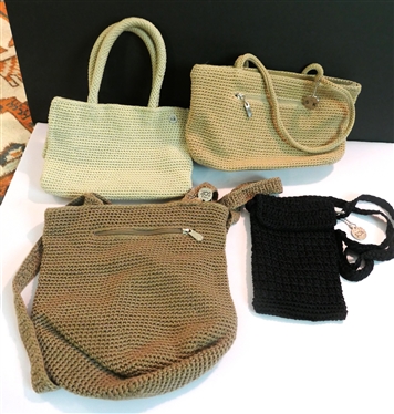 4 The Sak Crochet Purses - Small Black Cross Body, Double Handled Ivory, Kakhi, and Putty Colored 