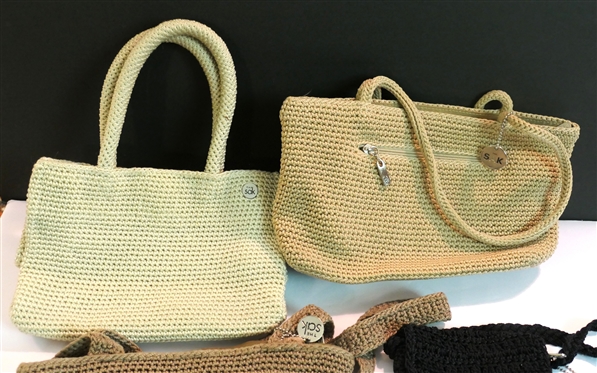 4 The Sak Crochet Purses - Small Black Cross Body, Double Handled Ivory, Kakhi, and Putty Colored 