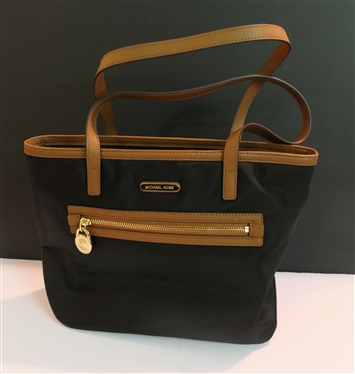 Michael Kors All Over Fabric Handbag - Black and Tan - Gold Hardware  - Appears Un Used 