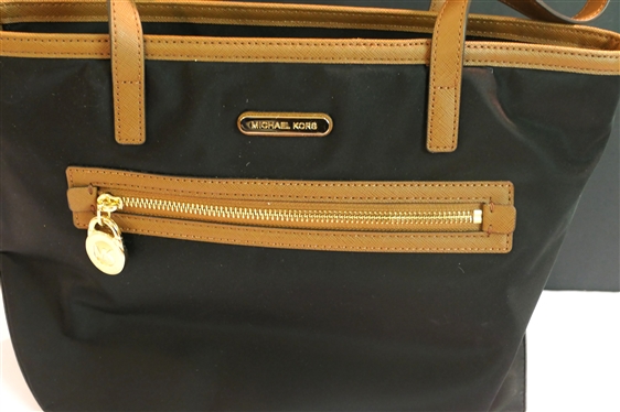 Michael Kors All Over Fabric Handbag - Black and Tan - Gold Hardware  - Appears Un Used 