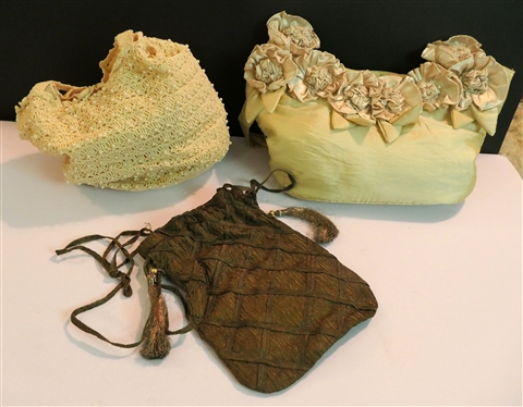 3 Handbags - Crochet with Pearl Bead Accents, Silk/ Satin Cream with Flowers, and Other Brown Hand Made - Vintage Drawstring Bag
