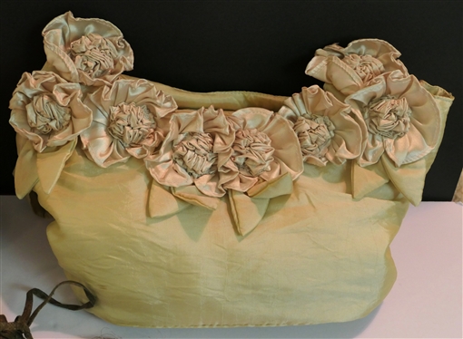 3 Handbags - Crochet with Pearl Bead Accents, Silk/ Satin Cream with Flowers, and Other Brown Hand Made - Vintage Drawstring Bag