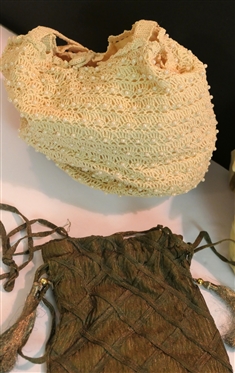 3 Handbags - Crochet with Pearl Bead Accents, Silk/ Satin Cream with Flowers, and Other Brown Hand Made - Vintage Drawstring Bag