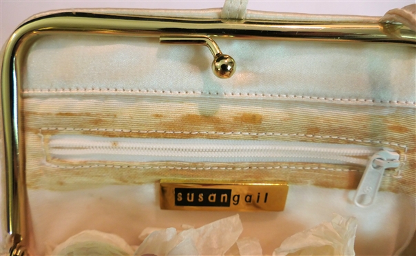 Susan Gail White Satin and Lace Evening Bag - Snap Closure with Narrow Strap
