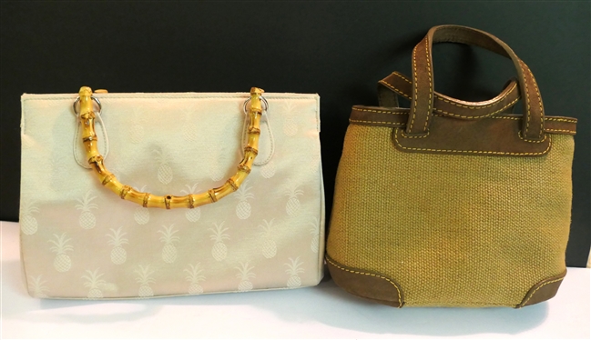 Tommy Bahama Woven Purse with Divided Interior - Bamboo Zipper Pull and Sunny Hawaii  Sand Colored Satin Handbag with Pineapple Design - Bamboo Handle 