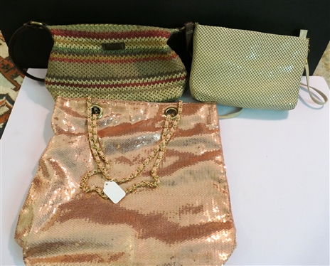 3 Purses - Mesh Purse Made by Warren Reed, Strada Crochet Bag, and Rose Gold Sequin Tote with Chain Straps