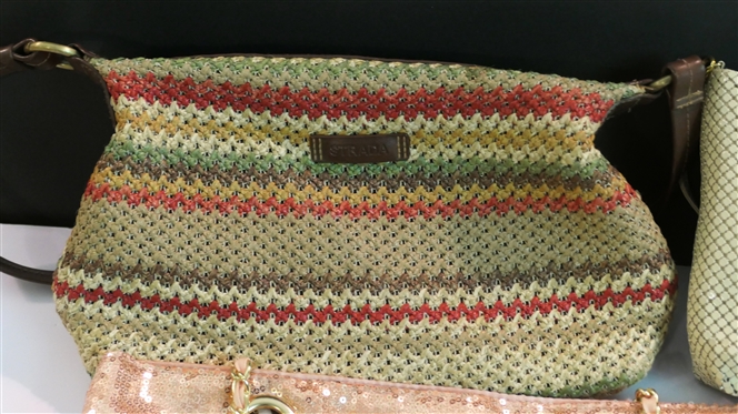 3 Purses - Mesh Purse Made by Warren Reed, Strada Crochet Bag, and Rose Gold Sequin Tote with Chain Straps