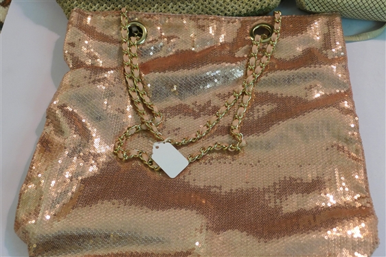 3 Purses - Mesh Purse Made by Warren Reed, Strada Crochet Bag, and Rose Gold Sequin Tote with Chain Straps