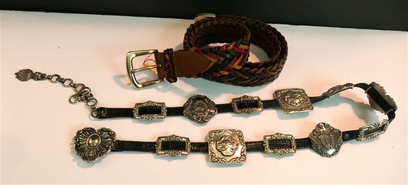 Brighton 1993 Dated Leather Station Belt with Hearts, Cherubs Laurel Framed B - Number M41503 and Brighton Multi Colored Braided Leather Belt - Size Large 