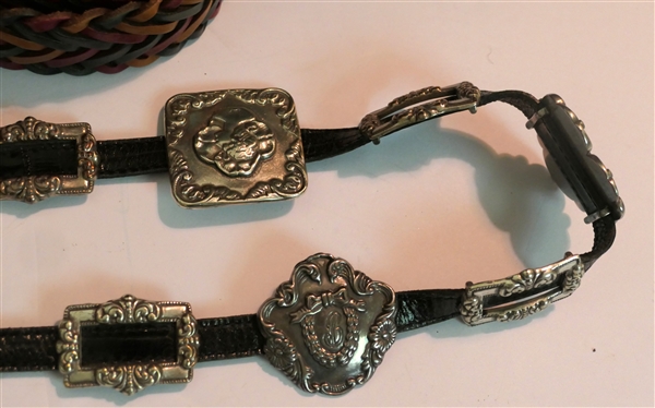 Brighton 1993 Dated Leather Station Belt with Hearts, Cherubs Laurel Framed B - Number M41503 and Brighton Multi Colored Braided Leather Belt - Size Large 