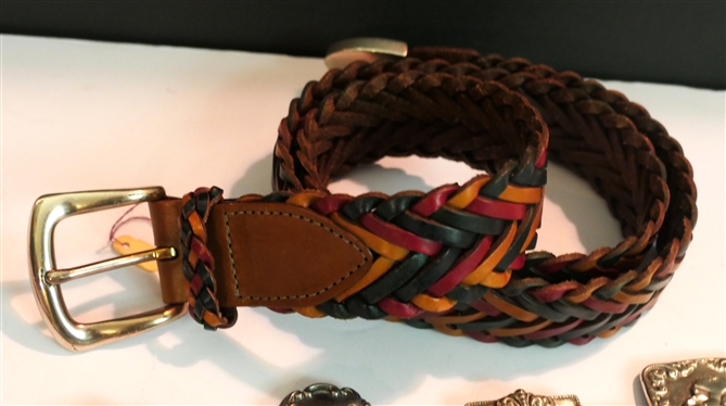 Brighton 1993 Dated Leather Station Belt with Hearts, Cherubs Laurel Framed B - Number M41503 and Brighton Multi Colored Braided Leather Belt - Size Large 
