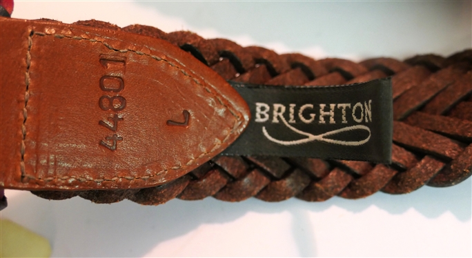 Brighton 1993 Dated Leather Station Belt with Hearts, Cherubs Laurel Framed B - Number M41503 and Brighton Multi Colored Braided Leather Belt - Size Large 