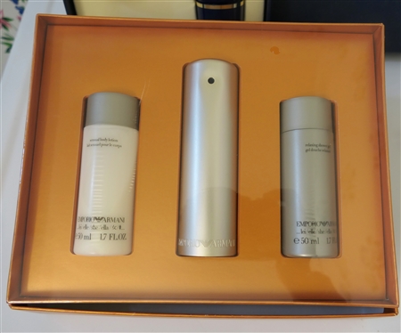 Guerlain Shalimar Perfume and Lotion Set in Original Box ad Georgio Armani Gift Set - New Never Opened - Lotion, Shower Gel, and Perfume