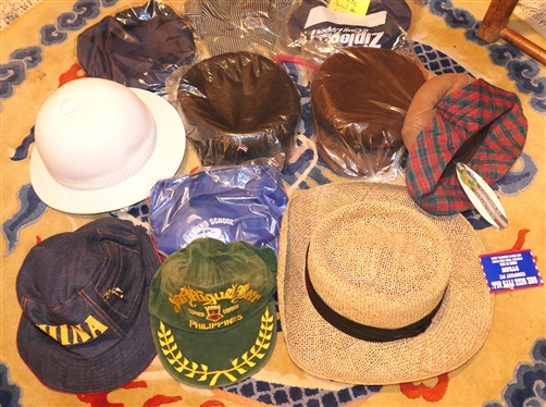 Collection of Vintage Hats - Kangol White Bucket Hat, Sein Miguel Beer - Philippines, China Bucket Hat, C.H. Friends School, Big Smith, Reenactment Hats, Canterbury Sheepskin Collection, and...
