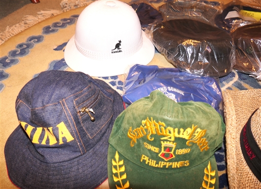 Collection of Vintage Hats - Kangol White Bucket Hat, Sein Miguel Beer - Philippines, China Bucket Hat, C.H. Friends School, Big Smith, Reenactment Hats, Canterbury Sheepskin Collection, and...