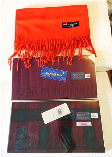 2 New Pendleton Wool Scarves with Tags in Original Boxes and Red Cashmere Scarf - made in Scotland