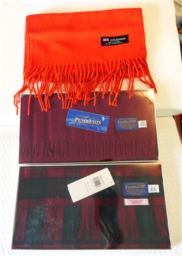 2 New Pendleton Wool Scarves with Tags in Original Boxes and Red Cashmere Scarf - made in Scotland