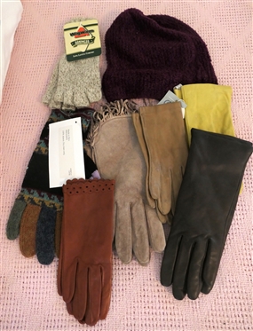 Lot of Winter Gloves and Hat - Suede, Leather, and Wool 