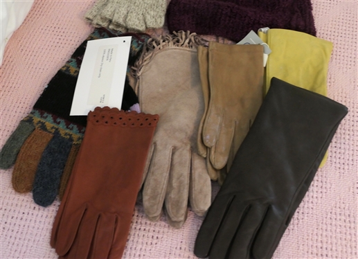 Lot of Winter Gloves and Hat - Suede, Leather, and Wool 