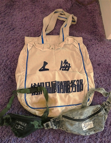 3 Vintage Bags - Freedom Aloha Fanny Pack, Airwalk Fanny Pack, and Shanghai Textile Exhibition and Sales Service Tote Bag
