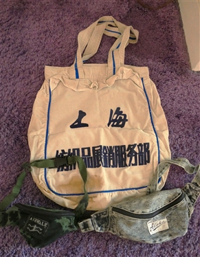 3 Vintage Bags - Freedom Aloha Fanny Pack, Airwalk Fanny Pack, and Shanghai Textile Exhibition and Sales Service Tote Bag