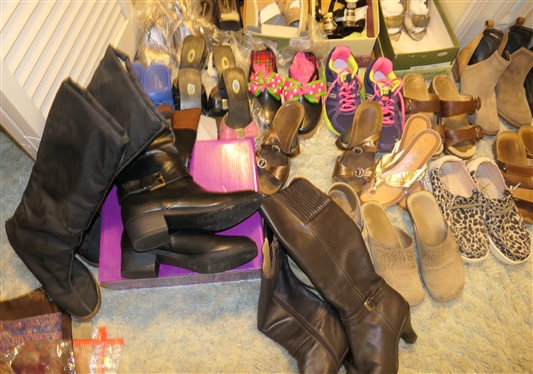 Choice of Shoes - Sizes 6 and 6 1/2 - Brands Include Hey Dudes, Dansko, Vanelli, New Balance, Brighton, Dr. Sholls, Clarks, Sofft, Etienne Aigner, - Dress Shoes, Sandals, Boots, Etc.. 