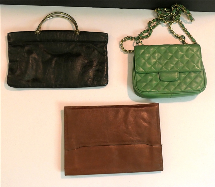 3 Leather Purses - Brown Envelope Purse - Del Rio, Black Leather Clemente, and Green Quilted Morgan Taylor