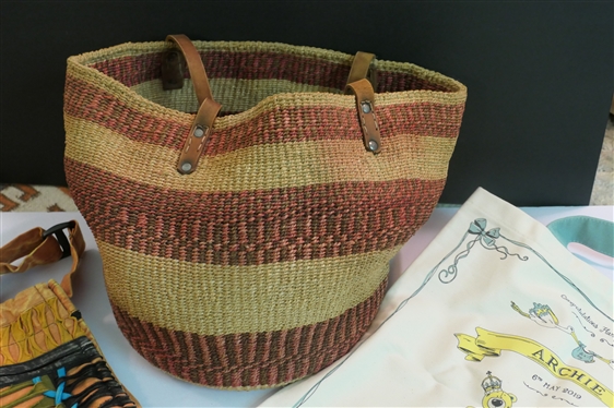Woven Straw Purse with Leather Handles, Archie Commemorative Megan and Harry Royal Baby Tote Bag, and Rising International Crossbody Purse