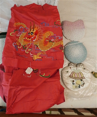 Brand New Embroidered Dragon Robe, 3 Beaded Purses, and Stick Pins