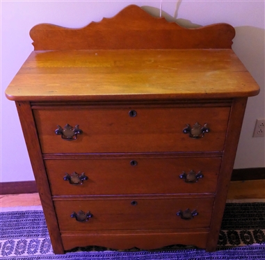 Turn of The Century Oak 3 Drawer Chest with Scalloped Backsplash - 3 Dovetailed Drawers with Brass Hardware and Key Hole - Chest Measures 32 Tall 33 by 17 1/2 