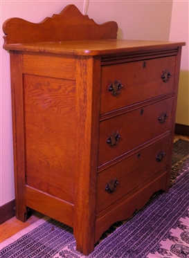 Turn of The Century Oak 3 Drawer Chest with Scalloped Backsplash - 3 Dovetailed Drawers with Brass Hardware and Key Hole - Chest Measures 32 Tall 33 by 17 1/2 