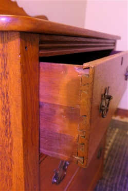 Turn of The Century Oak 3 Drawer Chest with Scalloped Backsplash - 3 Dovetailed Drawers with Brass Hardware and Key Hole - Chest Measures 32 Tall 33 by 17 1/2 