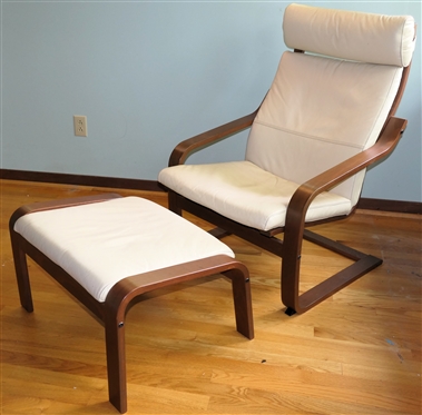 Ikea Poang Arm Chair and Matching Ottoman - Off White Leather Cushions - Bent Wood Frame - Chair Measures 38 1/2" Tall 27" Wide