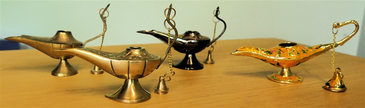 4 Genie Lamps - 2 Brass, Bras with Orange and Green Enamel, and Metal and Brass - Dubi Duty Free Sticker on Bottom - Orange Enamel Measures 2 3/4" Tall 5 1/2" Long