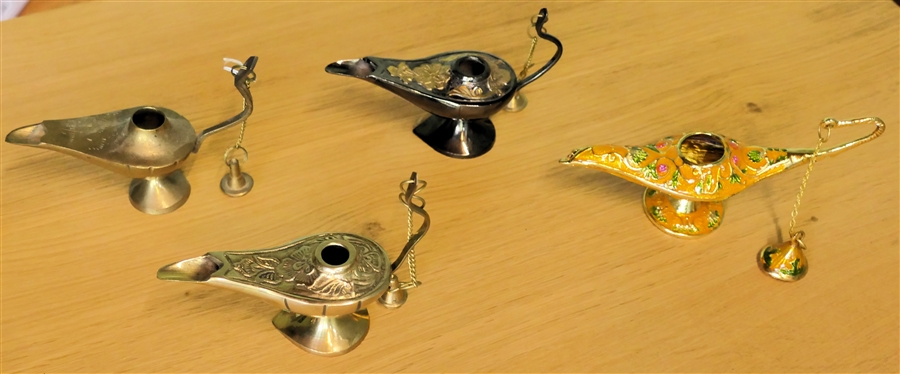 4 Genie Lamps - 2 Brass, Bras with Orange and Green Enamel, and Metal and Brass - Dubi Duty Free Sticker on Bottom - Orange Enamel Measures 2 3/4 Tall 5 1/2 Long