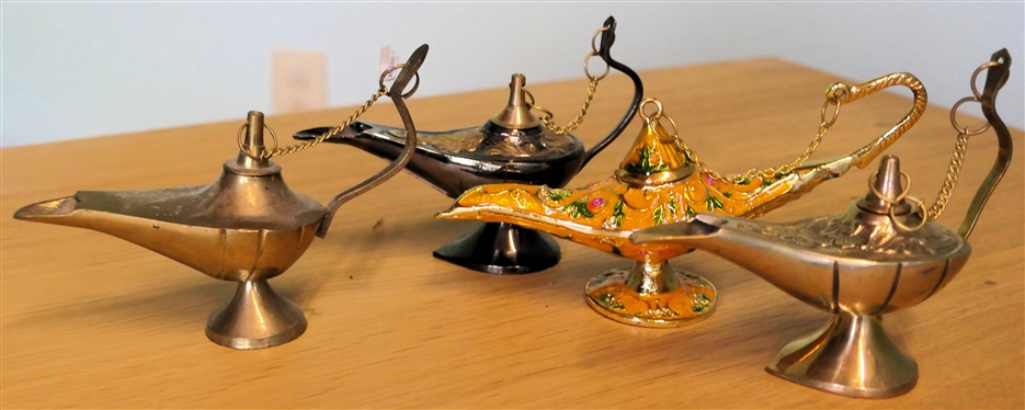 4 Genie Lamps - 2 Brass, Bras with Orange and Green Enamel, and Metal and Brass - Dubi Duty Free Sticker on Bottom - Orange Enamel Measures 2 3/4 Tall 5 1/2 Long