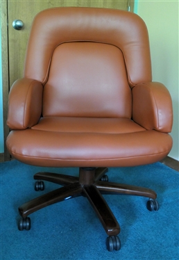 Burnt Orange Bonded Leather Swivel Desk Chair - Oversized Design - Brown Wood Base - Adjustable - Chair Measures 36" Tall 26" Across, 21" Deep