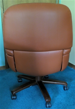 Burnt Orange Bonded Leather Swivel Desk Chair - Oversized Design - Brown Wood Base - Adjustable - Chair Measures 36 Tall 26 Across, 21 Deep