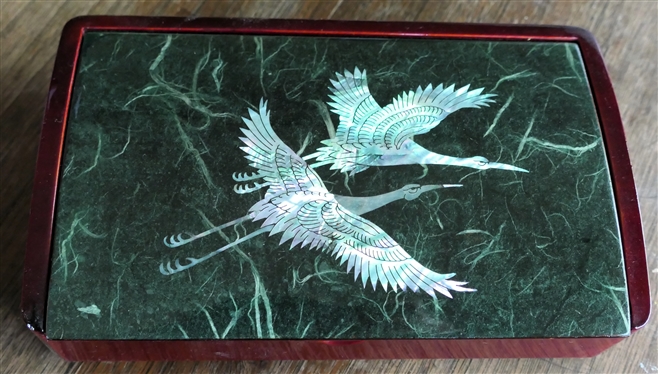 Korean Dresser Box with Abalone Inlaid Flying Cranes - Faux Marble Finish on Box Top - Measures 2" Tall 7" by 4 1/2"