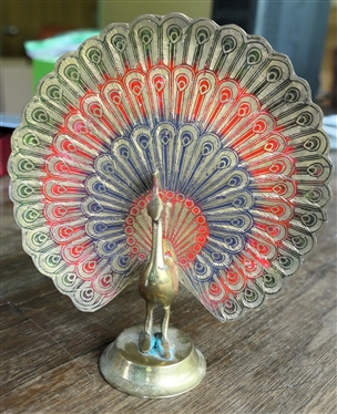 Brass Peacock with Blue and Red Enamel Decoration - Statue Measures 5 3/4" Tall 5 1/4" Across