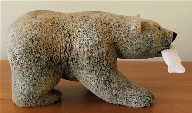 Alaskan Whale Bone Inuit Carved Bear with Ivory / Bone Fish - Bear''s Body Carved From Whale Bone - Signed DJSr. On Foot - Bear Measures 7 Long 4 Tall 